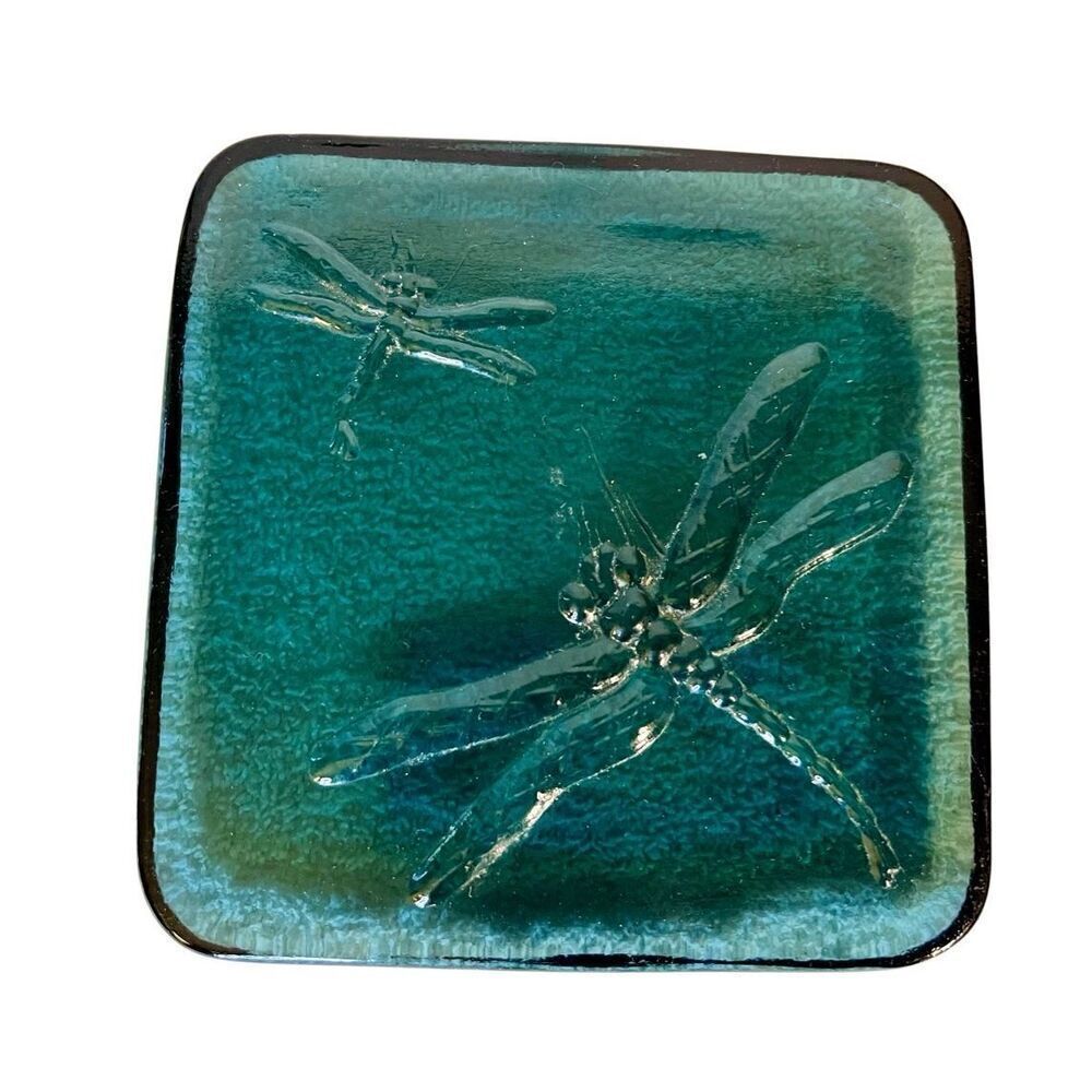 Vintage Embossed Square Glass Dragonfly Paperweight - Heavy